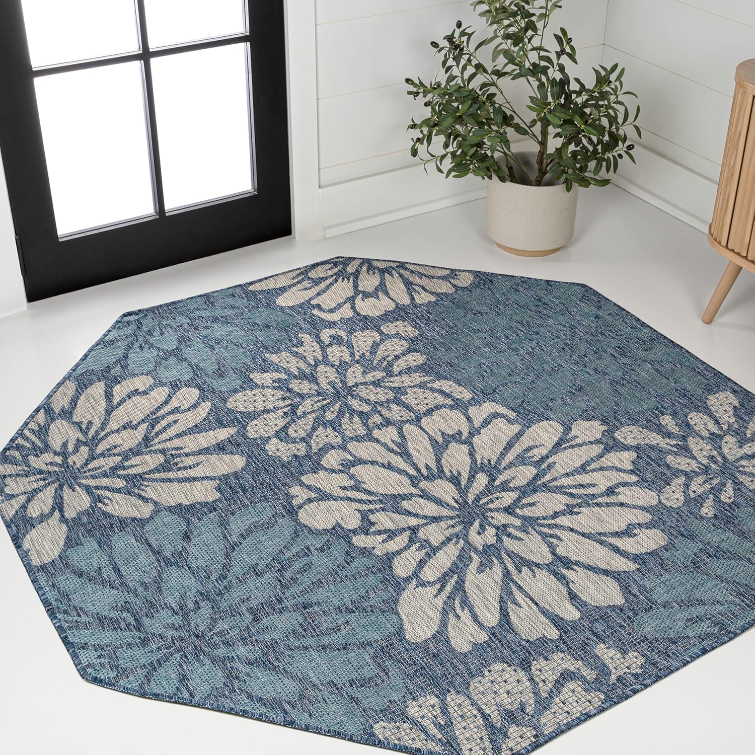 JONATHAN Y Floral Textured Weave Indoor Outdoor Area Rug 8X10 Navy/Green, Zinnia Modern for Backyard, Patio, Porch, Easy-Cleaning, High Traffic, Pet-Friendly, Non-Shedding (SMB110B-8)