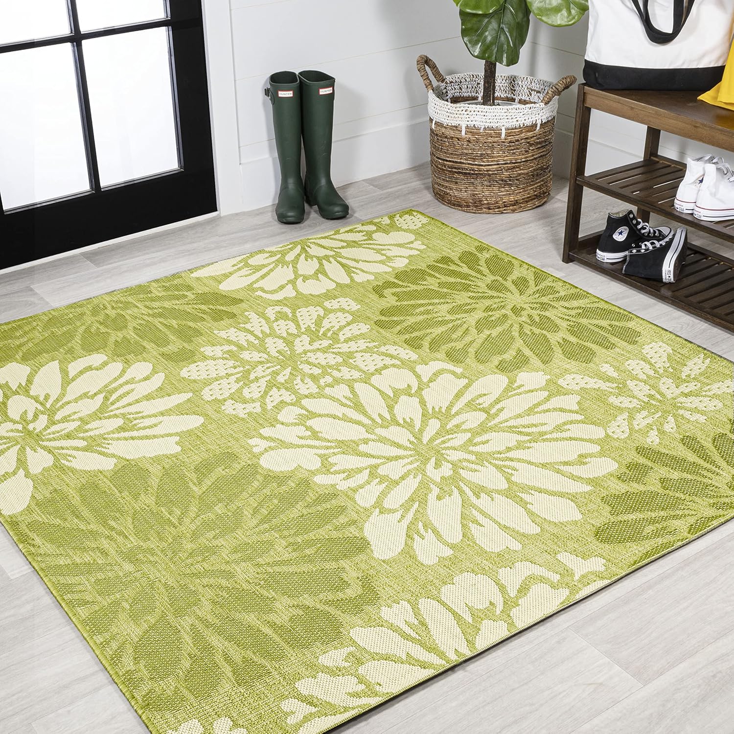 JONATHAN Y Floral Textured Weave Indoor Outdoor Area Rug 8X10 Navy/Green, Zinnia Modern for Backyard, Patio, Porch, Easy-Cleaning, High Traffic, Pet-Friendly, Non-Shedding (SMB110B-8)