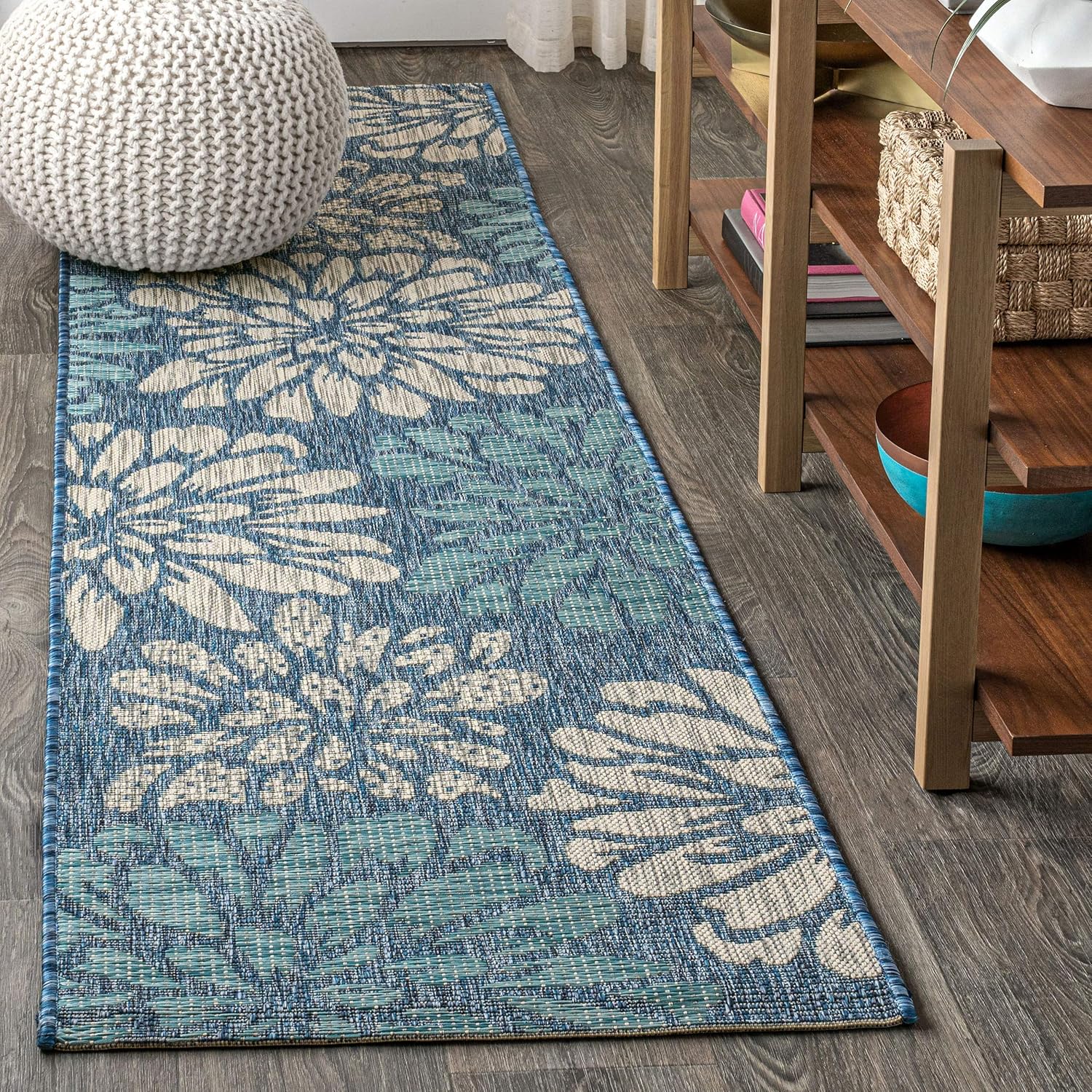 JONATHAN Y Floral Textured Weave Indoor Outdoor Area Rug 8X10 Navy/Green, Zinnia Modern for Backyard, Patio, Porch, Easy-Cleaning, High Traffic, Pet-Friendly, Non-Shedding (SMB110B-8)
