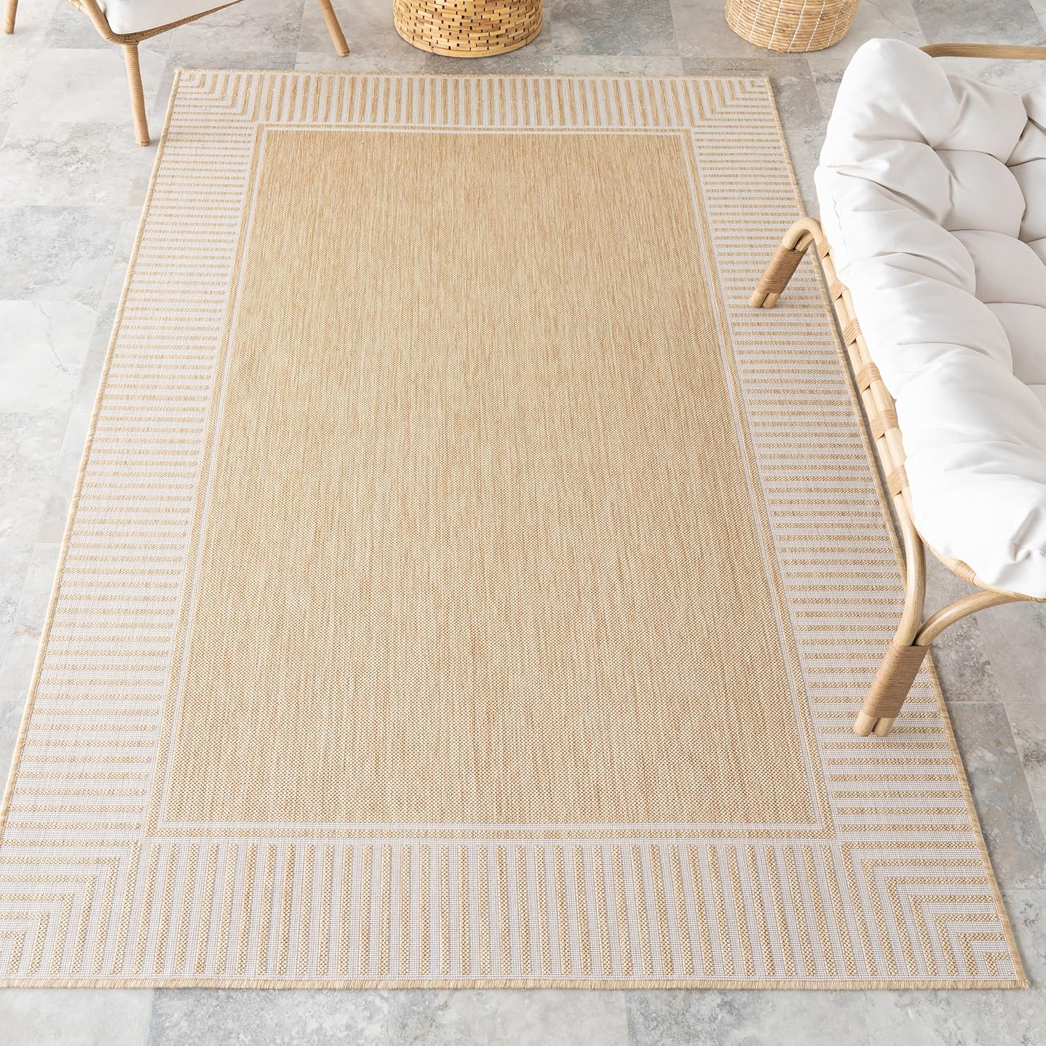 Nuloom Asha Light Brown/Ivory, 5' x 8', Casual, Striped Border, Soft and Cozy, High Traffic, Stain Resistant, Easy Clean, Durable Area Rug for Indoor/Outdoor Patio, Deck, Porch, Garden, Courtyard