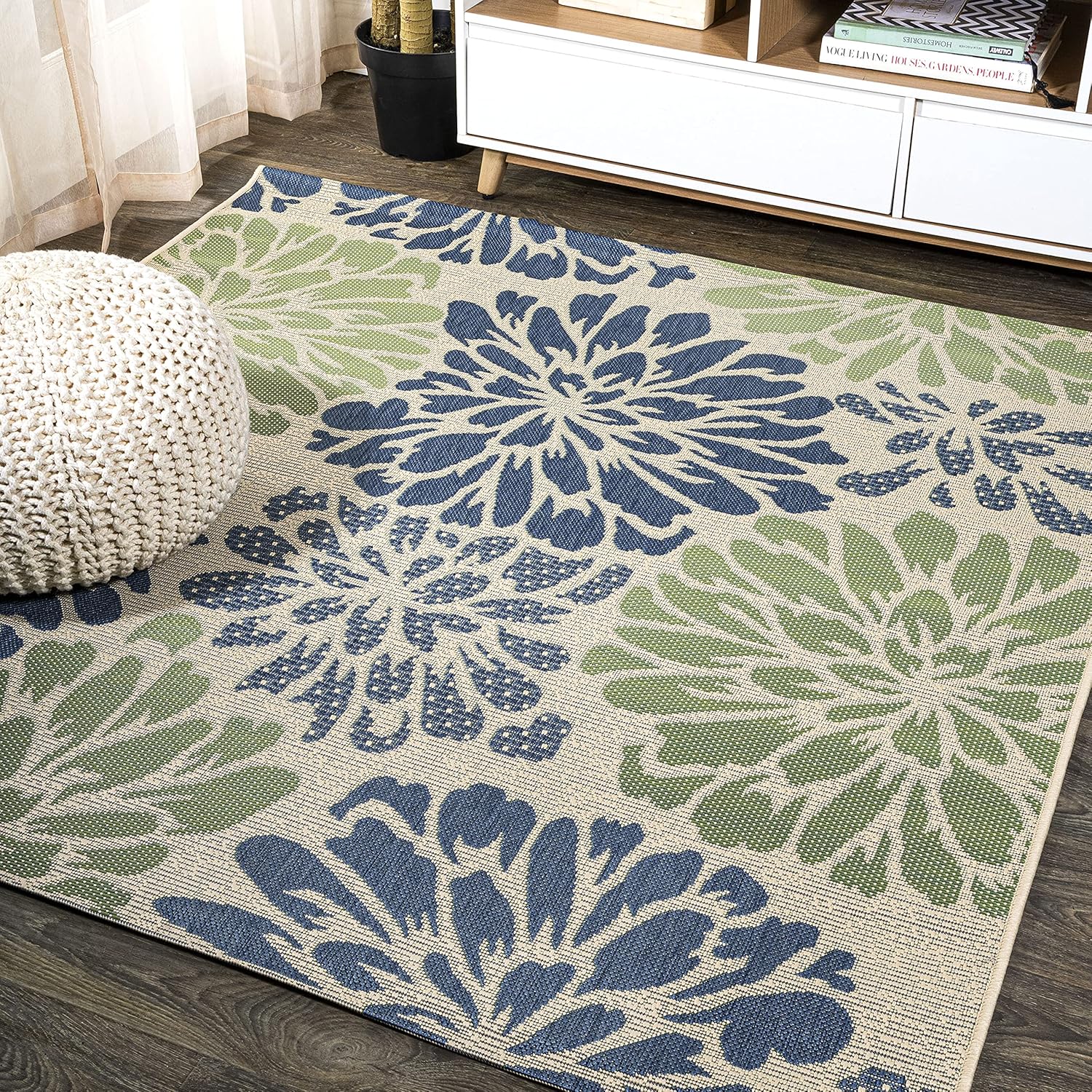 JONATHAN Y Floral Textured Weave Indoor Outdoor Area Rug 8X10 Navy/Green, Zinnia Modern for Backyard, Patio, Porch, Easy-Cleaning, High Traffic, Pet-Friendly, Non-Shedding (SMB110B-8)