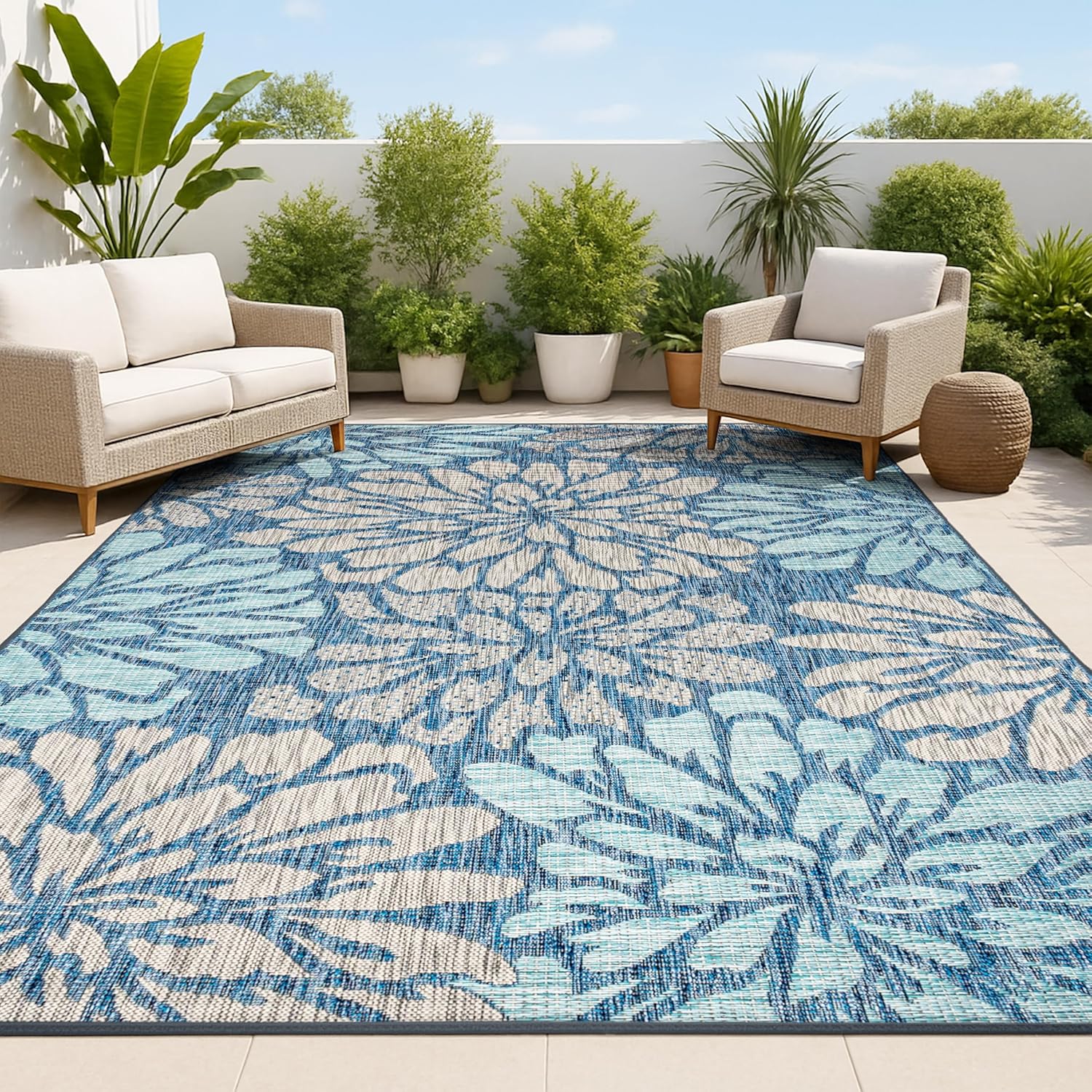 JONATHAN Y Floral Textured Weave Indoor Outdoor Area Rug 8X10 Navy/Green, Zinnia Modern for Backyard, Patio, Porch, Easy-Cleaning, High Traffic, Pet-Friendly, Non-Shedding (SMB110B-8)