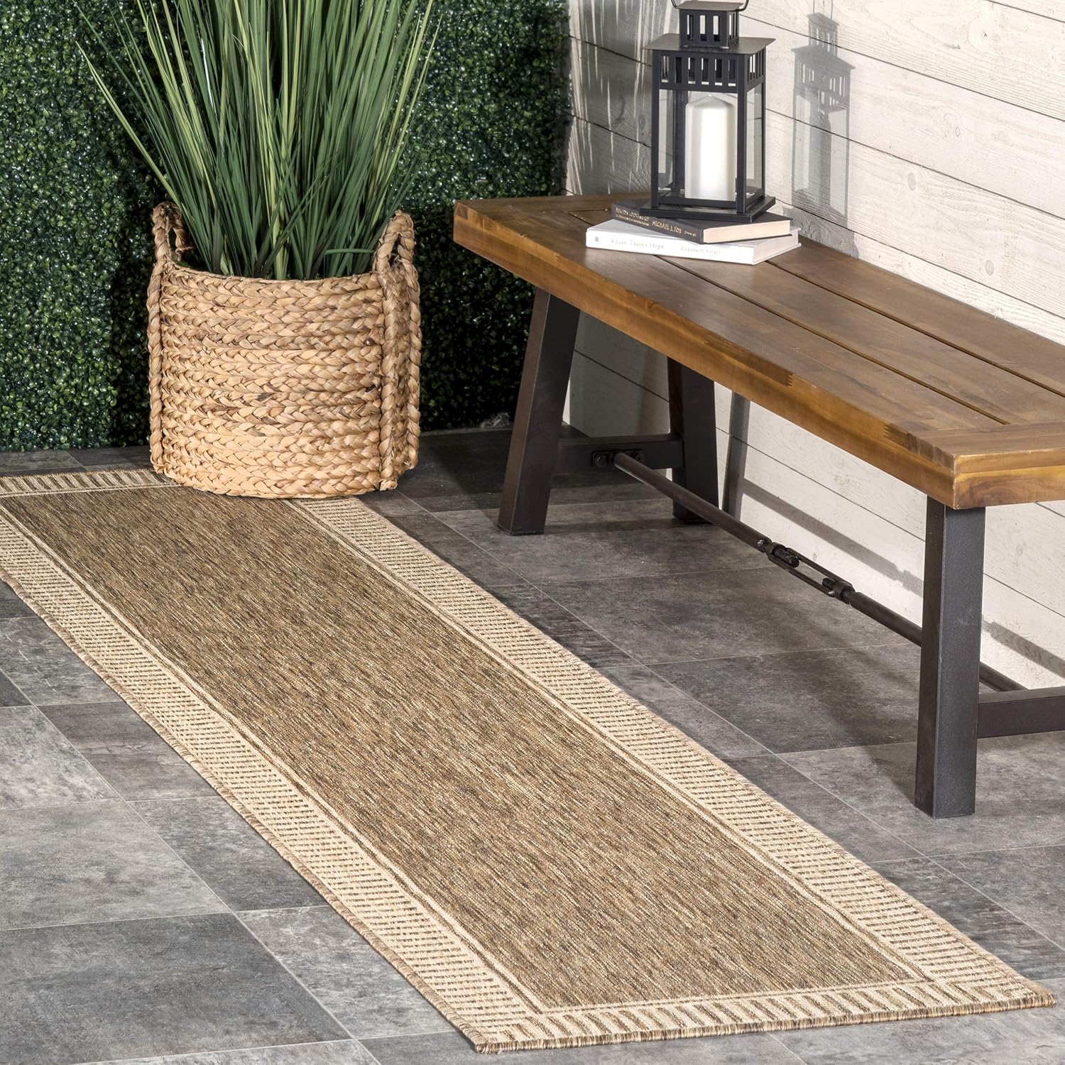 Nuloom Asha Light Brown/Ivory, 5' x 8', Casual, Striped Border, Soft and Cozy, High Traffic, Stain Resistant, Easy Clean, Durable Area Rug for Indoor/Outdoor Patio, Deck, Porch, Garden, Courtyard