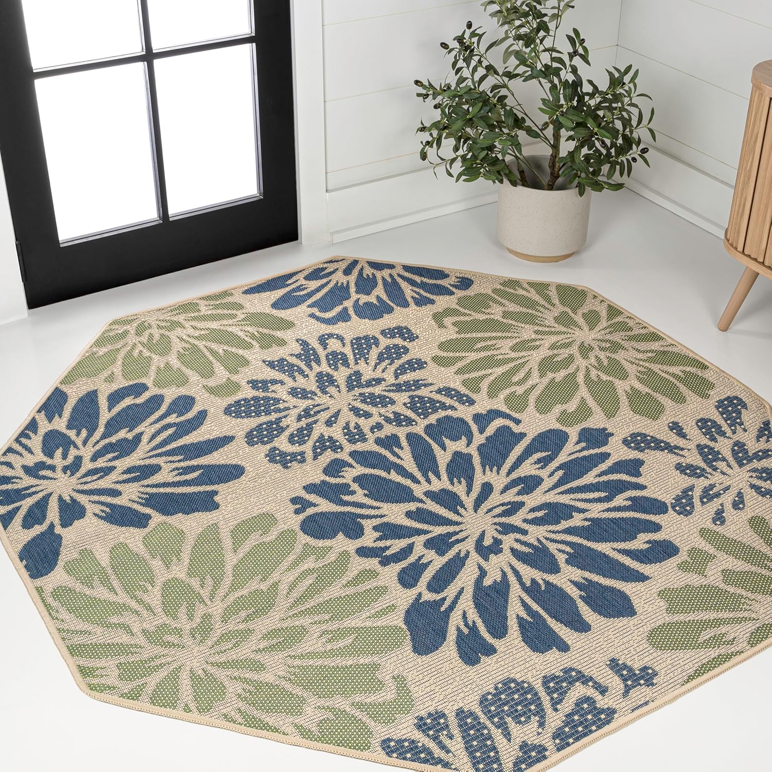 JONATHAN Y Floral Textured Weave Indoor Outdoor Area Rug 8X10 Navy/Green, Zinnia Modern for Backyard, Patio, Porch, Easy-Cleaning, High Traffic, Pet-Friendly, Non-Shedding (SMB110B-8)