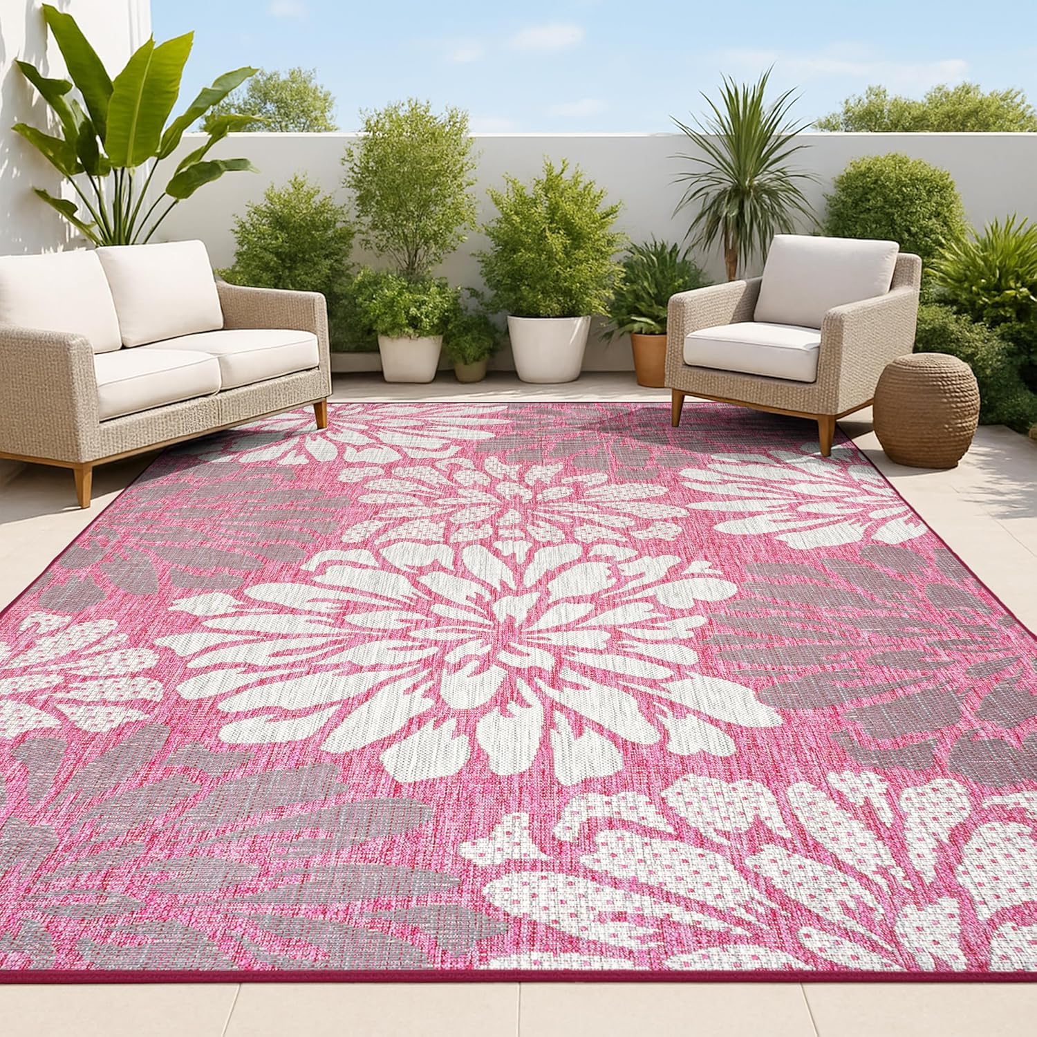 JONATHAN Y Floral Textured Weave Indoor Outdoor Area Rug 8X10 Navy/Green, Zinnia Modern for Backyard, Patio, Porch, Easy-Cleaning, High Traffic, Pet-Friendly, Non-Shedding (SMB110B-8)