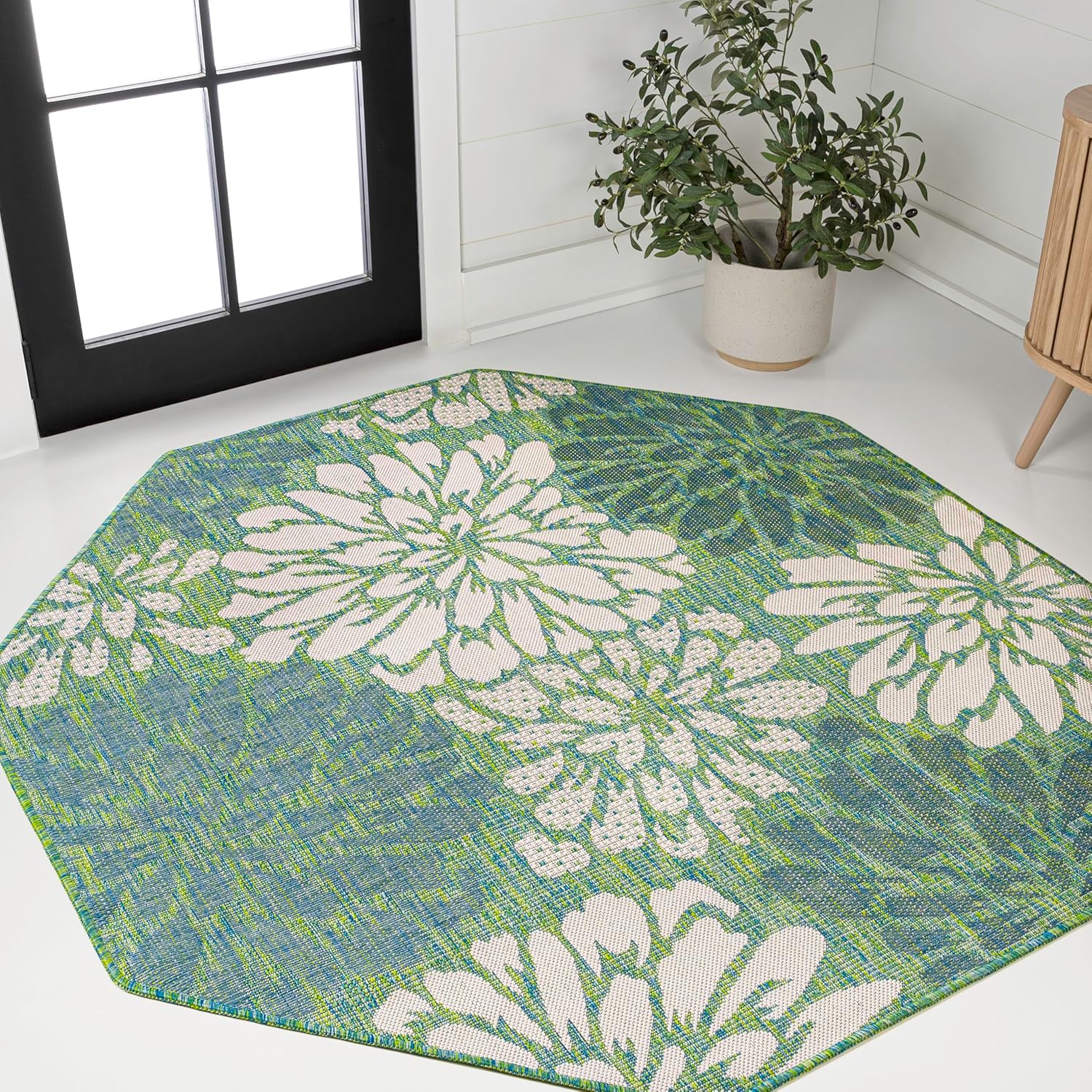 JONATHAN Y Floral Textured Weave Indoor Outdoor Area Rug 8X10 Navy/Green, Zinnia Modern for Backyard, Patio, Porch, Easy-Cleaning, High Traffic, Pet-Friendly, Non-Shedding (SMB110B-8)