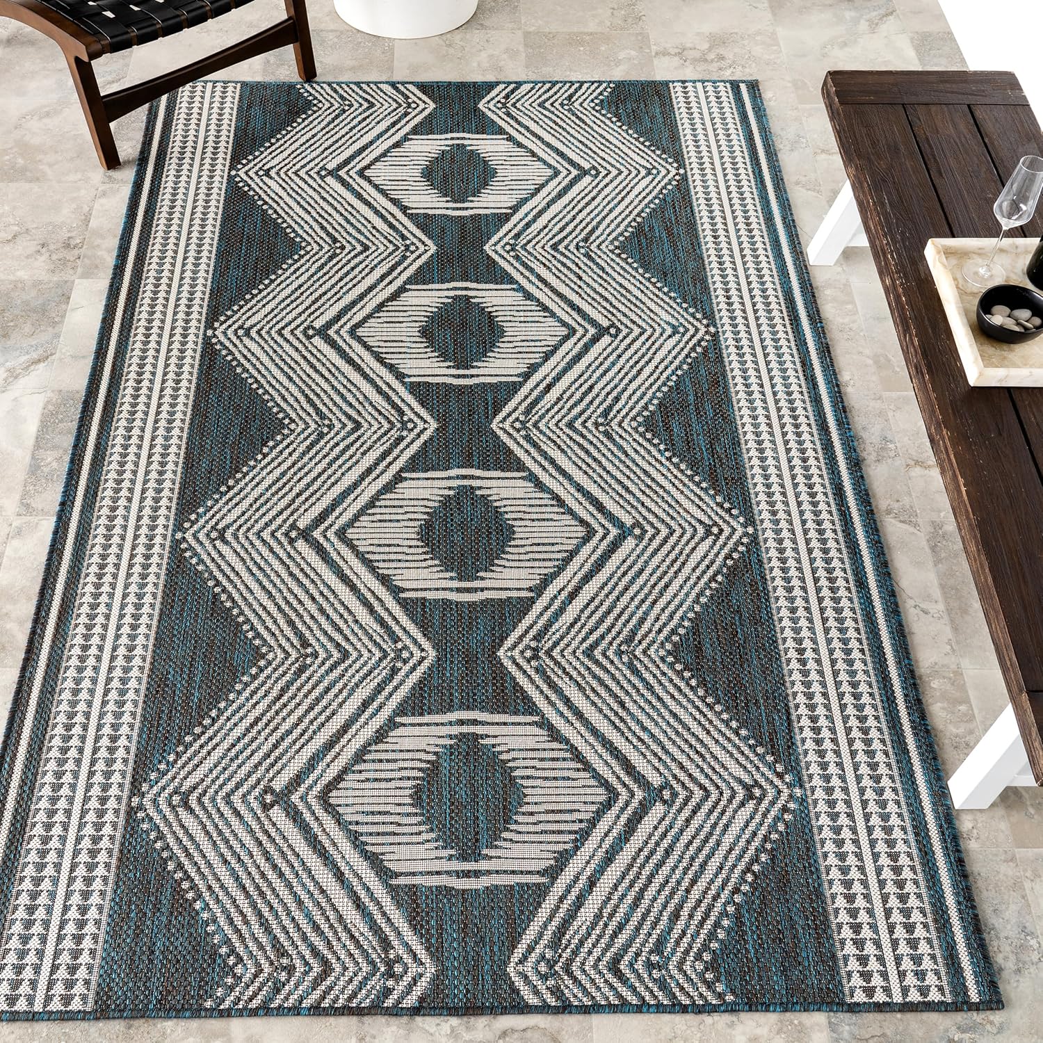 nuLOOM 5' x 8' Outdoor Tribal Geometric Area Rug, Stain Resistant, Weather Resistant, High Traffic, Patio, Balcony, Outside, Ranya Dark Grey