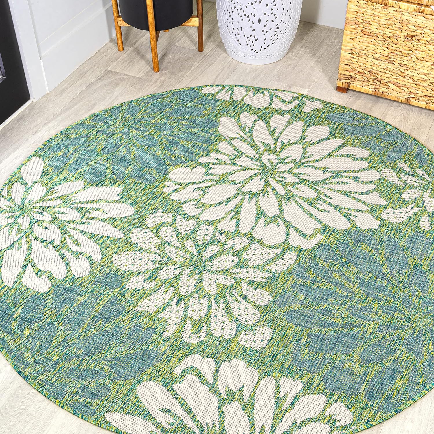 JONATHAN Y Floral Textured Weave Indoor Outdoor Area Rug 8X10 Navy/Green, Zinnia Modern for Backyard, Patio, Porch, Easy-Cleaning, High Traffic, Pet-Friendly, Non-Shedding (SMB110B-8)